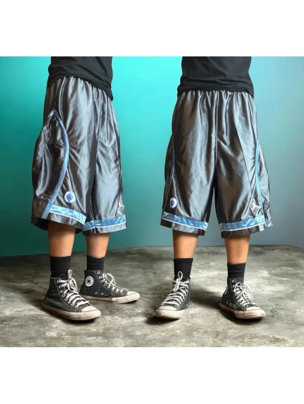Y2K vintage light blue w metallic shiny gray long baggy basketball Jordan shorts